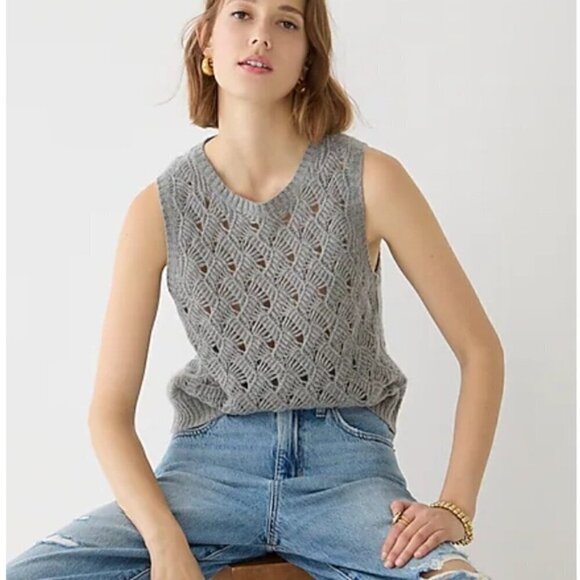 J. Crew‎ Heather Gray Crochet Cashmere Pointelle Shell Sweater Vest Women XXL - Picture 1 of 9